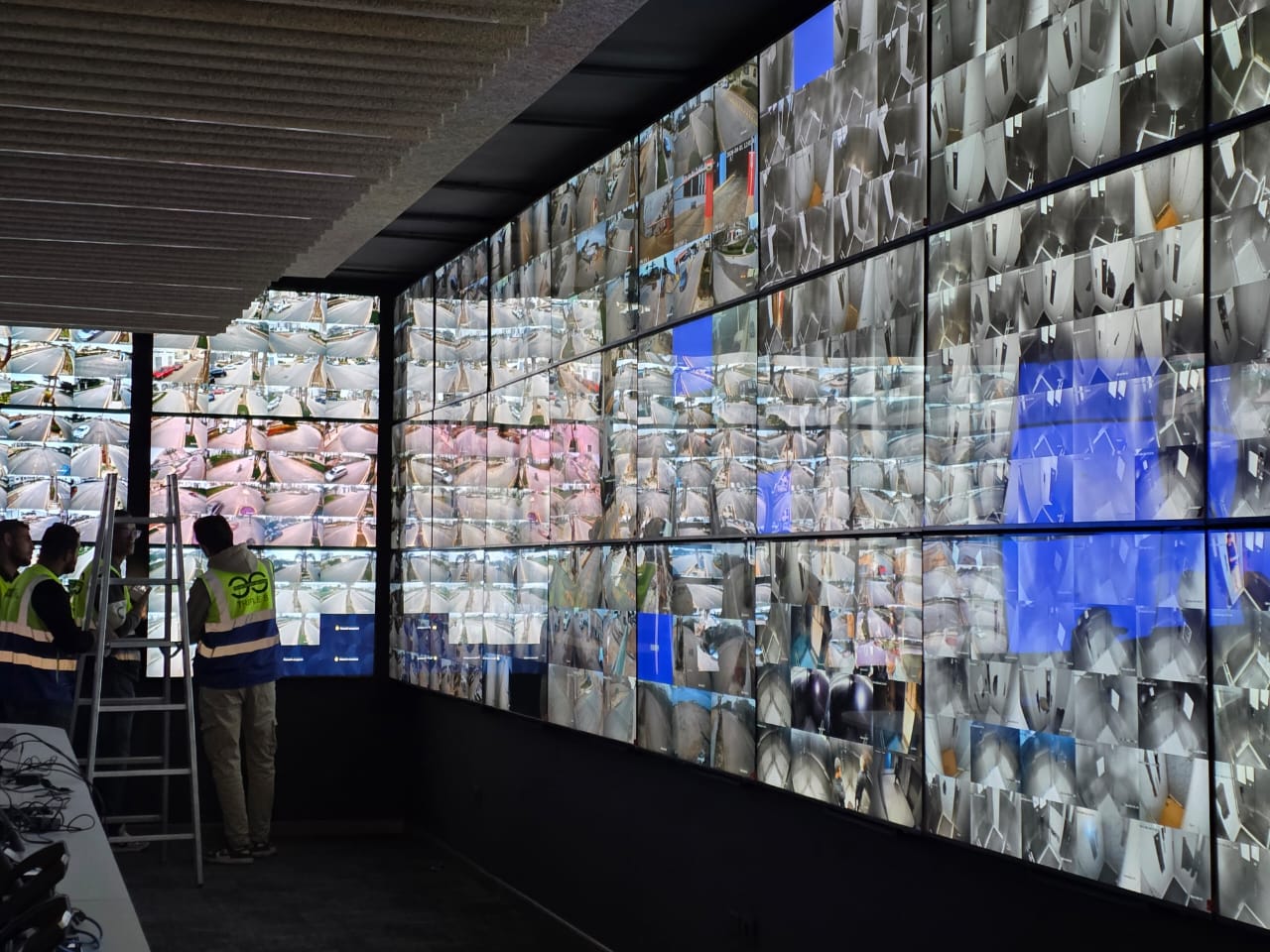 Close-up of the SOC video wall analysing live camera feeds